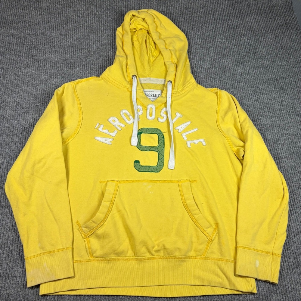 Vintage Aeropostale Hoodie Mens XL Yellow Graphic Pullover 1987 9 Logo
